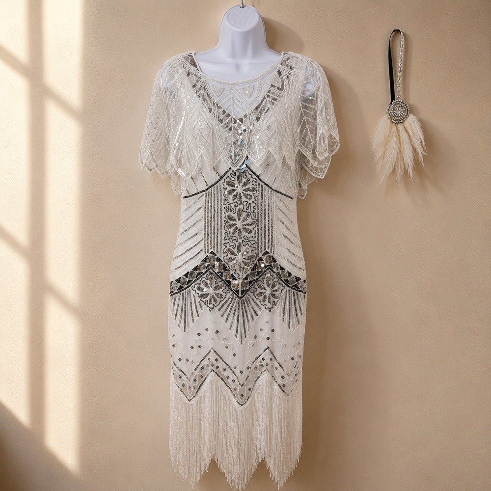 1920s Gatsby Flapper Dress Small Sequin Beaded Fringe Capelet Headpiece Jazz Age - Picture 2 of 14